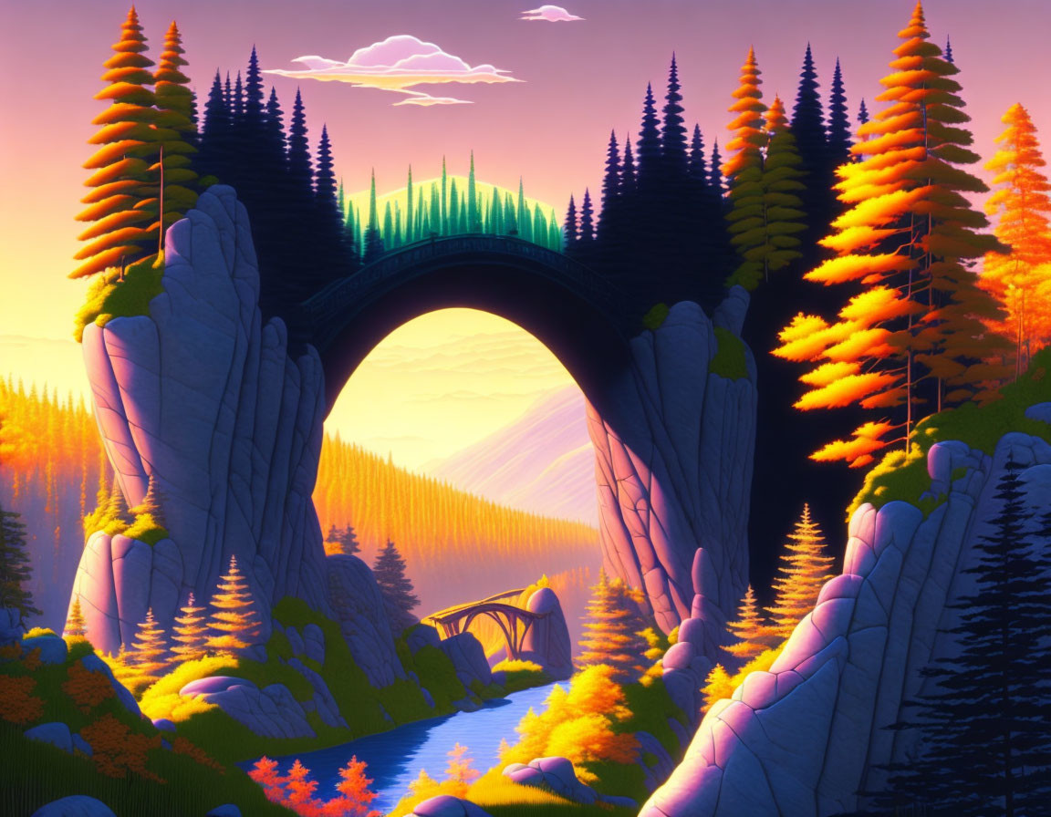 Colorful Stone Bridge Over River in Animated Landscape