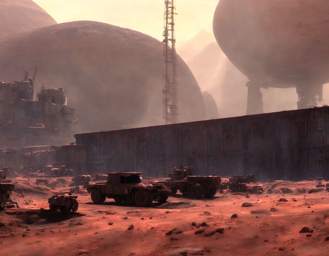 Martian landscape with industrial machinery and antenna in reddish hues