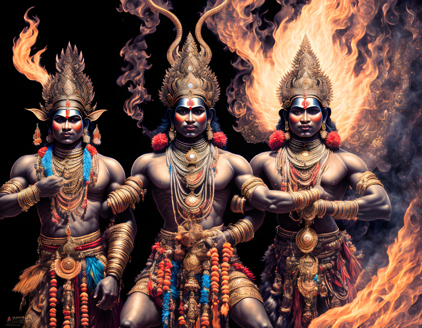 Three performers in elaborate Hindu deity costumes against fiery backdrop