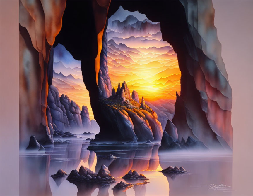 Tranquil cave opening to layered mountains at sunset