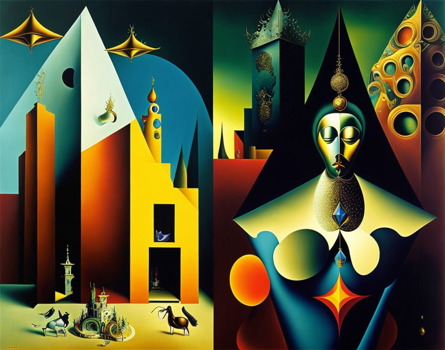 Vibrant surrealistic painting with geometric shapes and whimsical figures