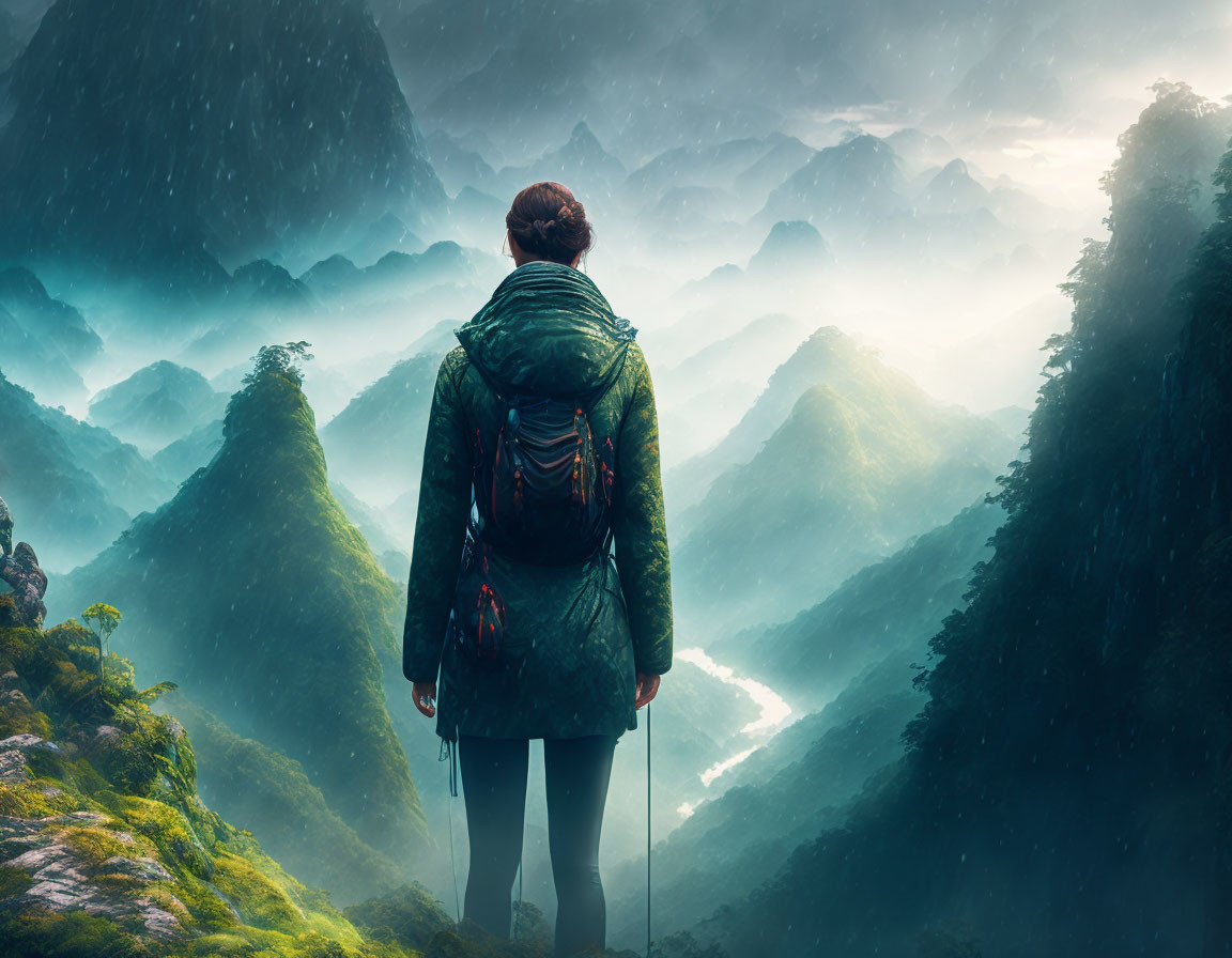 Hiker on lush green mountaintop gazes at mist-covered mountain range