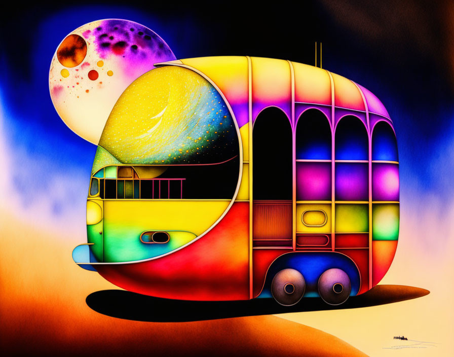 Cosmic-themed bus image with stars and moon on warm backdrop