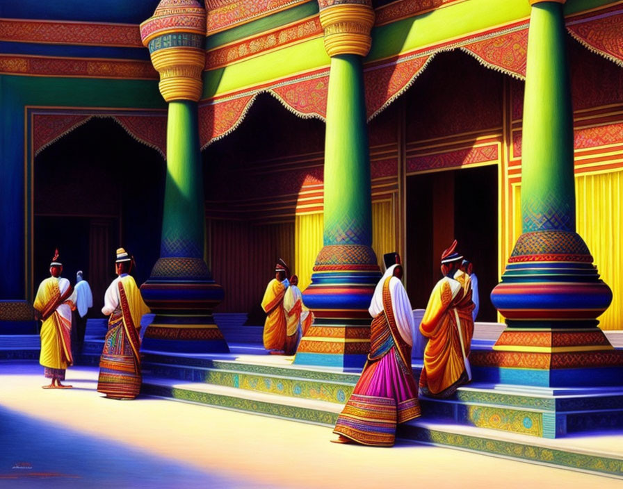 Ancient palace with ornate columns and people in traditional dress.