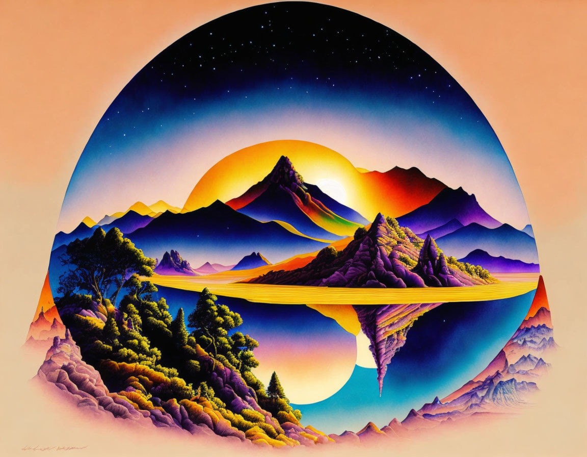 Colorful surreal landscape with floating islands and mountains in circular frame on orange backdrop