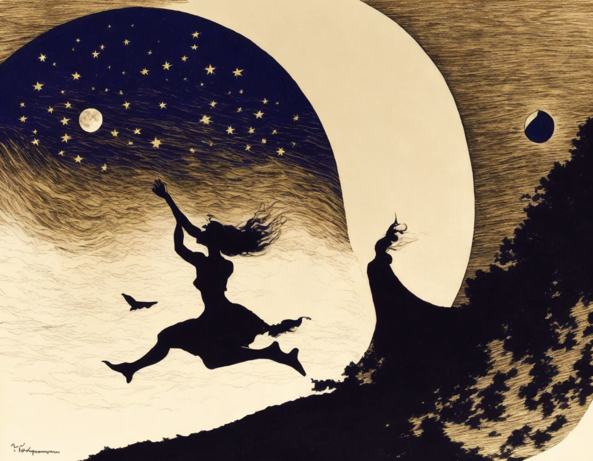 Silhouette of two people leaping joyfully under a night sky with stars, moon, and planet