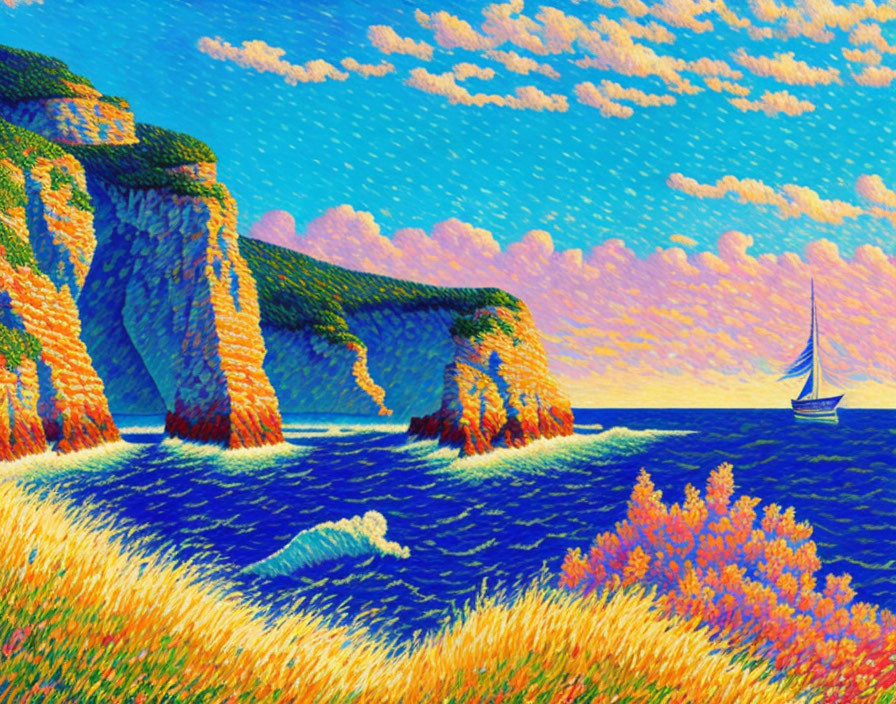 Coastal Pointillist Painting with Cliffs, Boat, and Flora