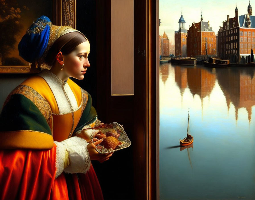 Traditional Dutch woman by window overlooking canal and boat.