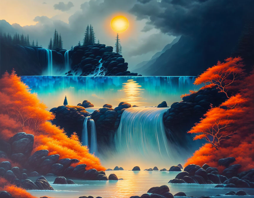 Scenic artwork: cascading waterfall, fiery foliage, serene sunset