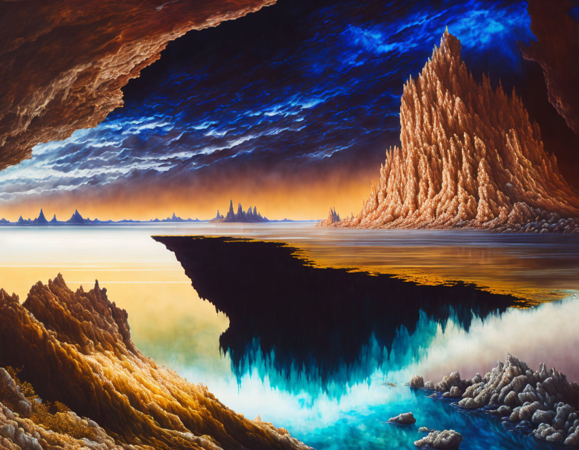 Surreal landscape painting: Floating land mass, dramatic cliffs, calm sea, contrasting sky