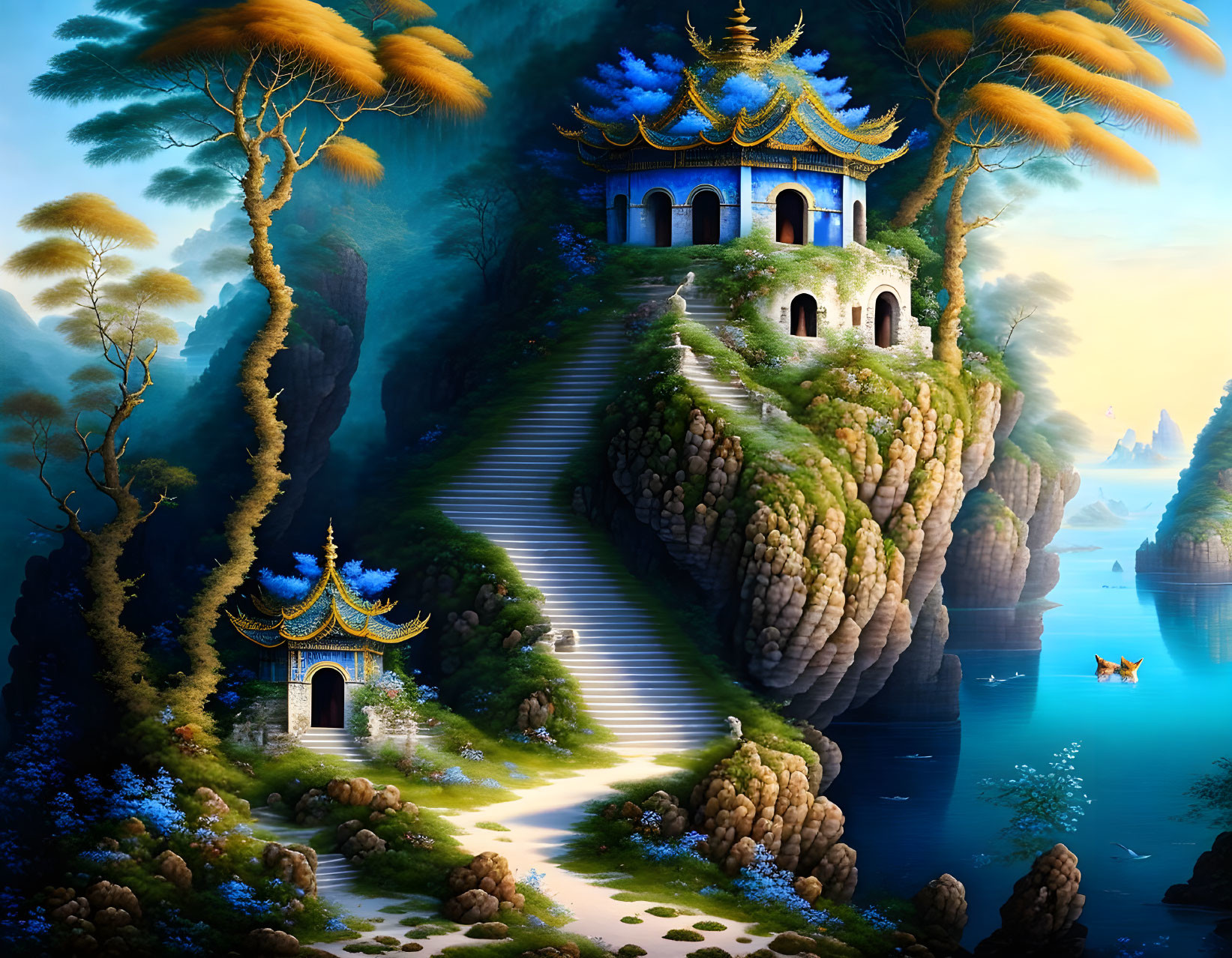 Fantasy landscape with ancient buildings on rocky cliffs and lush vegetation