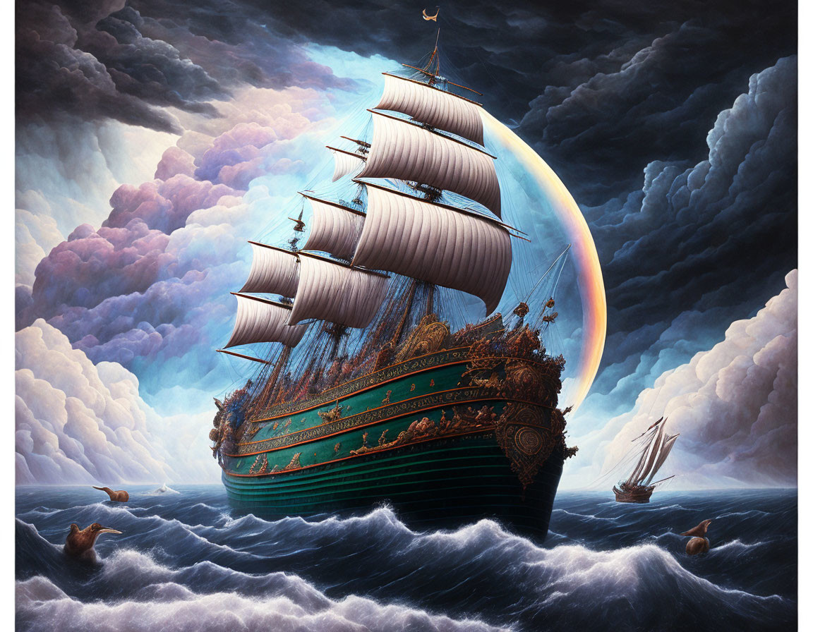 Sailing ship on stormy seas under crescent moon and rainbow