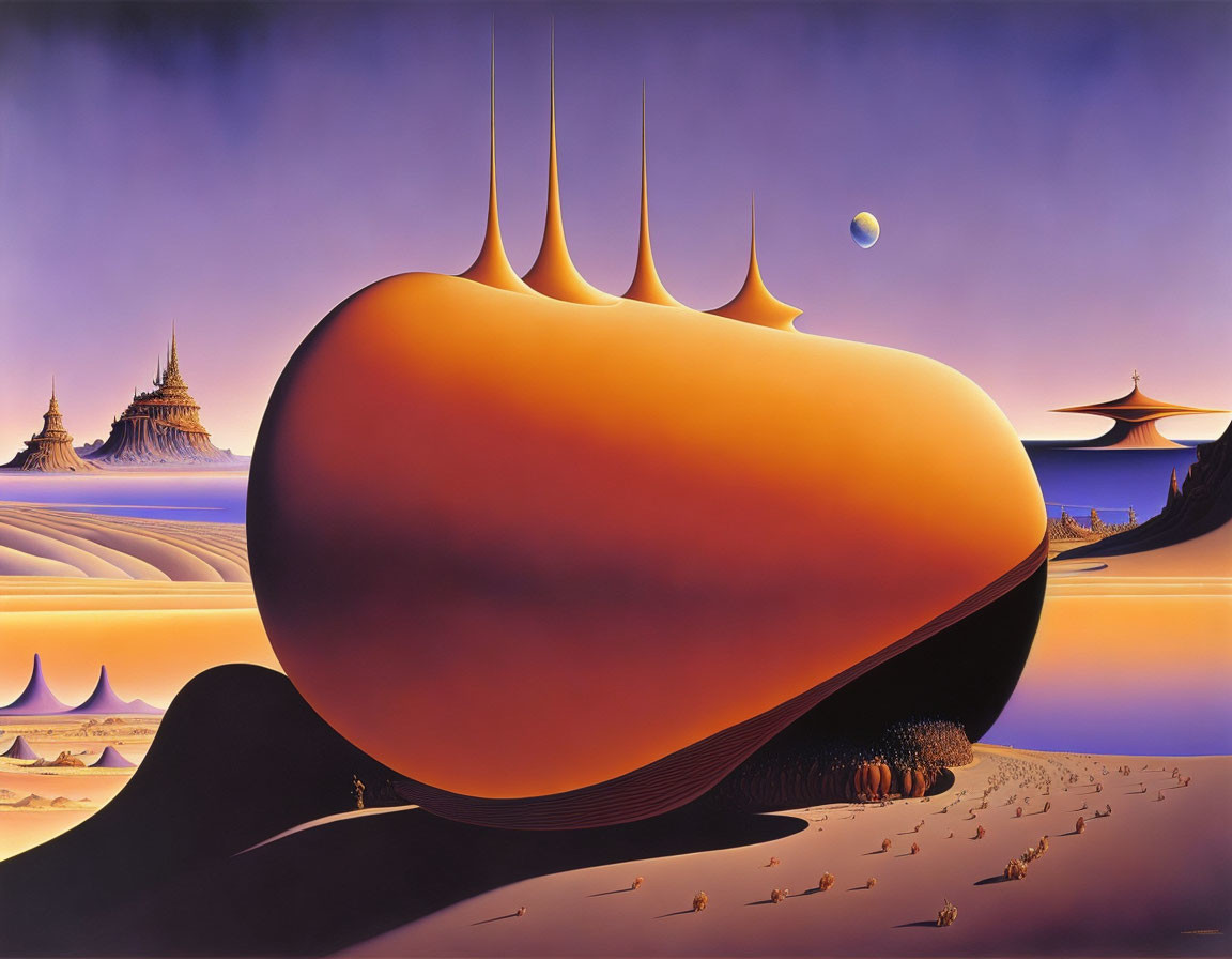 Surreal landscape with orange object, stylized mountains, moon, and lone figure