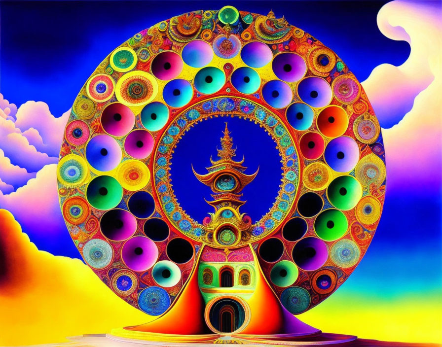 Colorful Psychedelic Artwork: Ornate Wheel & Pagoda on Pastel Sky