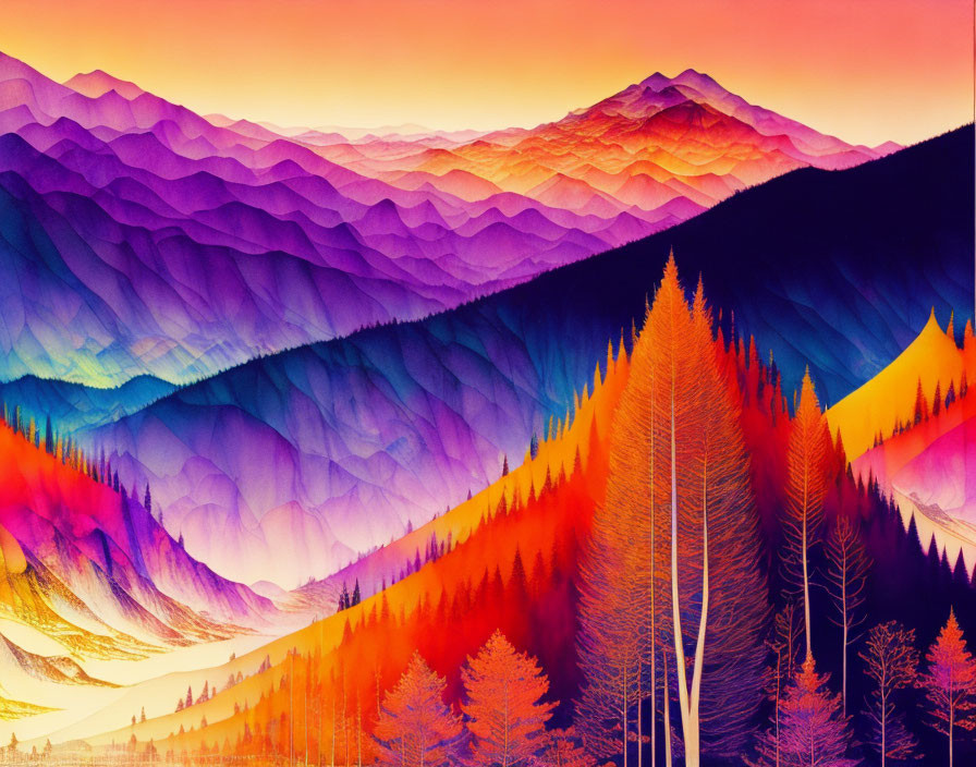 Colorful layered mountain landscape at sunset with purple, orange, and yellow hues.