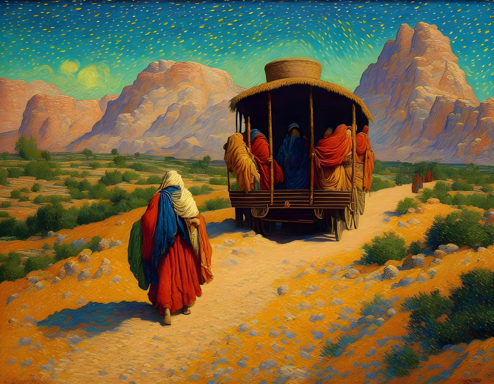 Colorful Robed Person Walking Next to Horse-Drawn Wagon in Desert Landscape