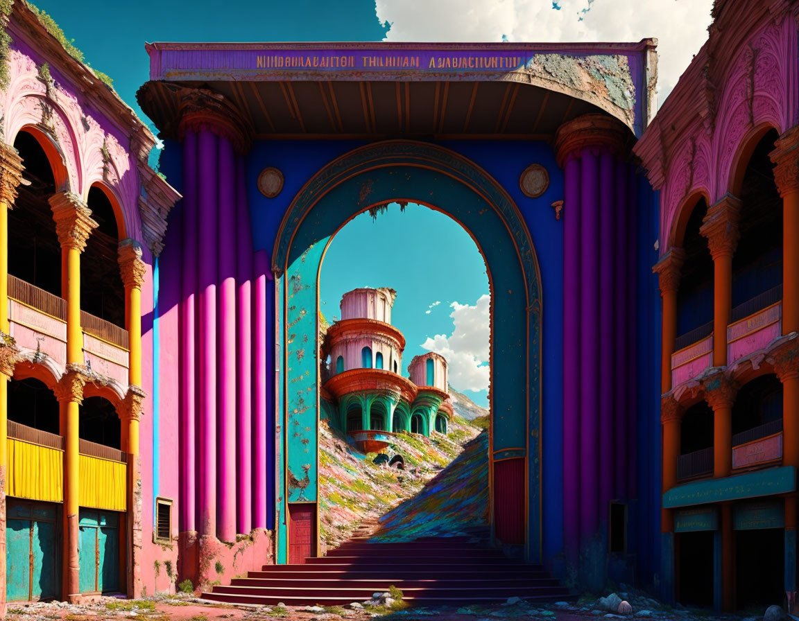 Abandoned building with vibrant colors and deteriorating classical architecture