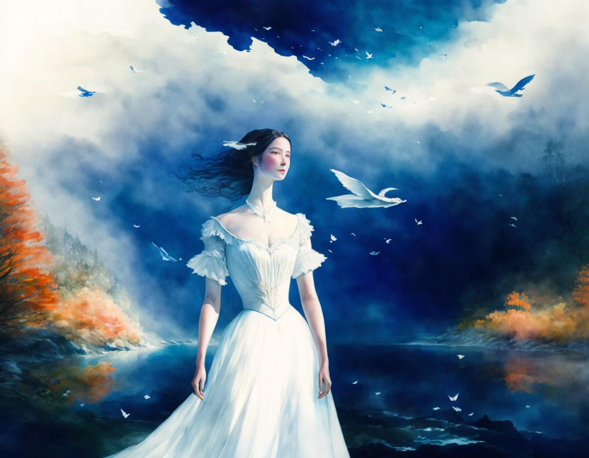 Woman in white dress in surreal landscape with birds and autumn trees