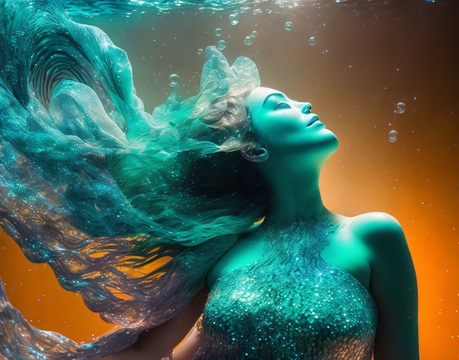 Aqua-haired woman gracefully floats underwater with swirling fabric and bubbles