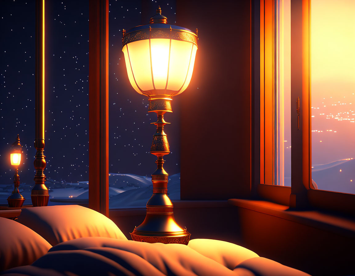 Nighttime bedroom interior with warm street lamp glow and snowy landscape view