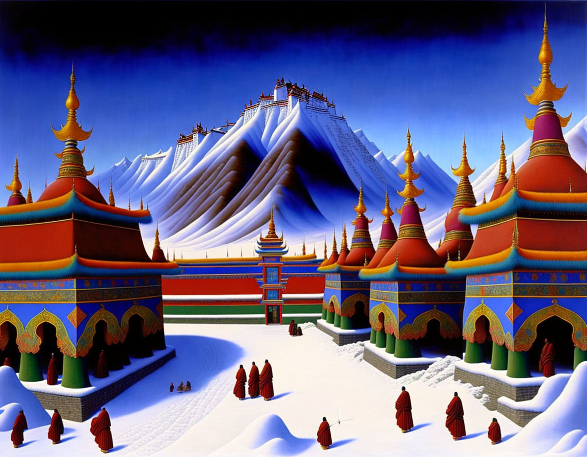 Vibrant Tibetan Temples with Snowy Mountain Background