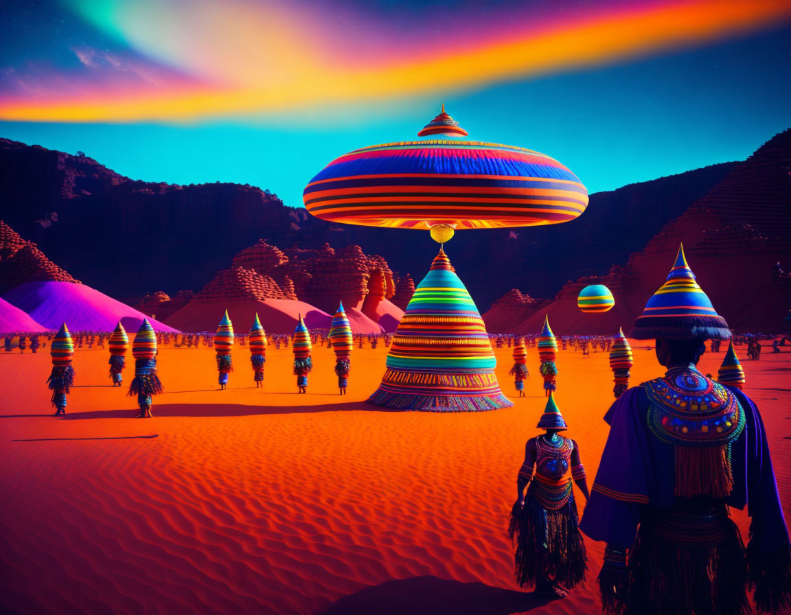 Colorful desert scene with traditional attire person and flying saucers under neon sky