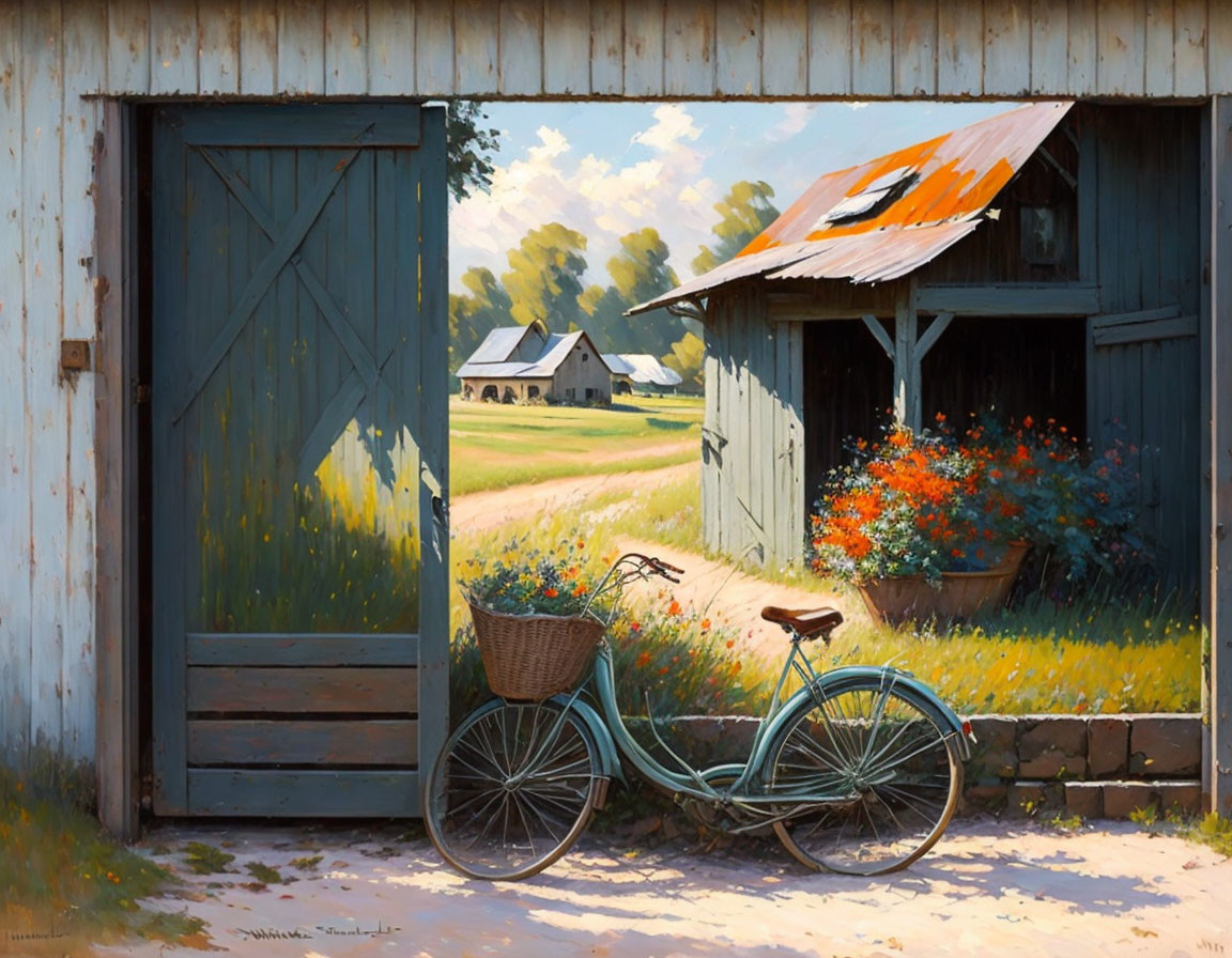 Vintage Blue Bicycle with Basket Near Open Barn Door and Red Flowers on Sunny Farm Landscape