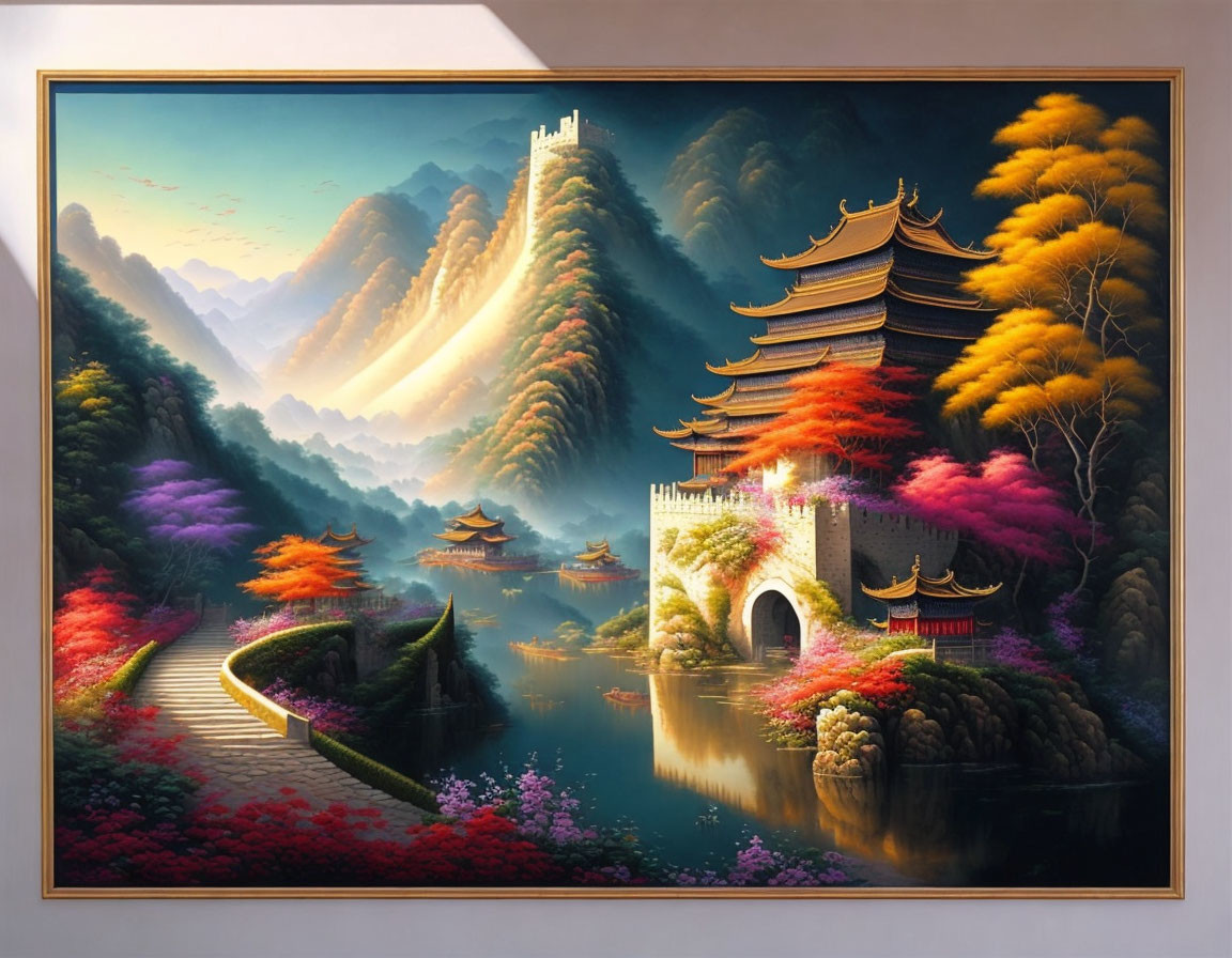 Ancient Chinese pavilion painting with mountains, foliage, water, and stone path