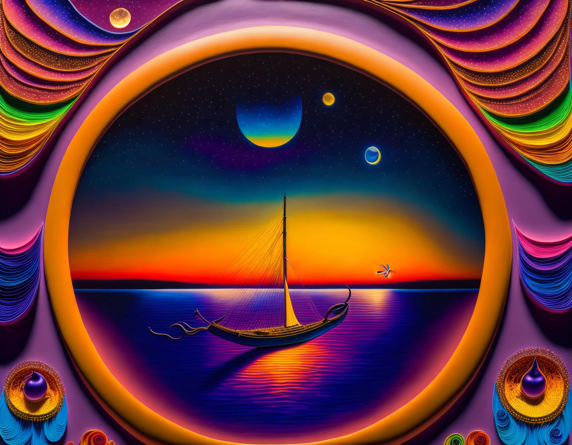 Vibrant surreal seascape with sailboat, sunset, wavy patterns, and starry sky