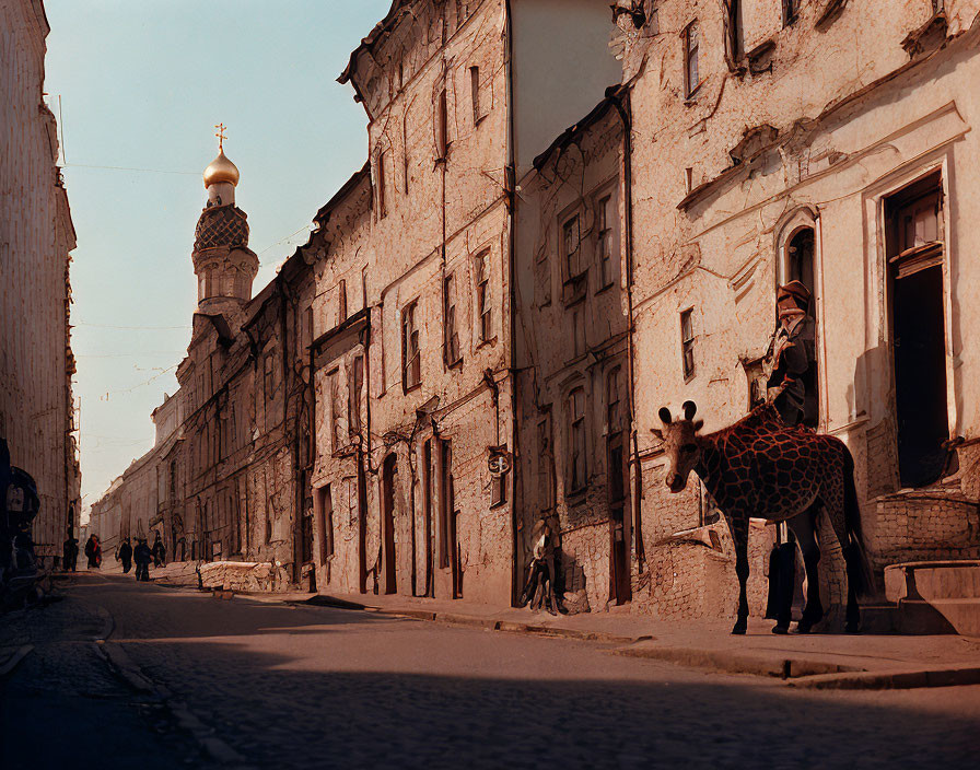 Person in patterned outfit riding giraffe sculpture in city street scene.