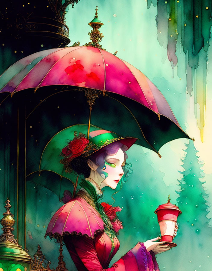 Victorian woman illustration with cup and umbrella on vibrant background