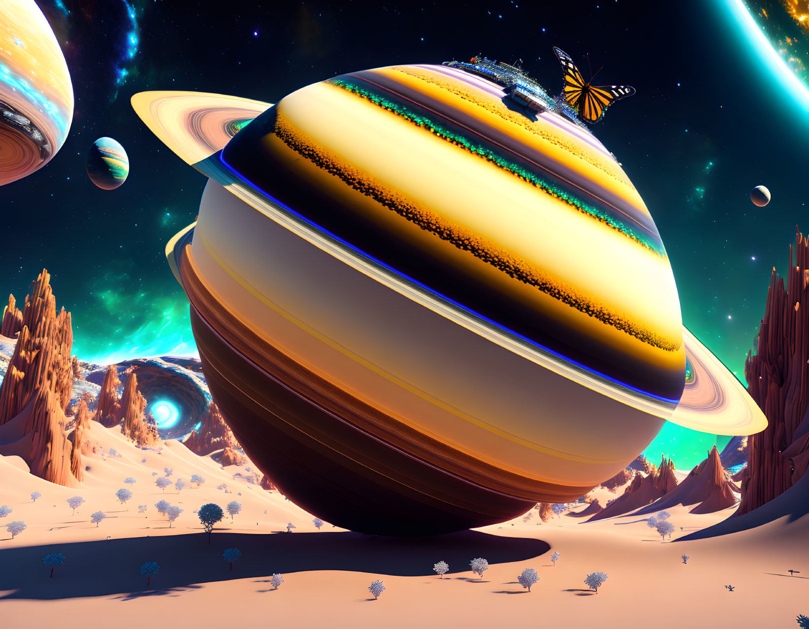 Colorful Sci-Fi Landscape with Striped Planet, Rings, Alien Terrain, and Butterfly Creature