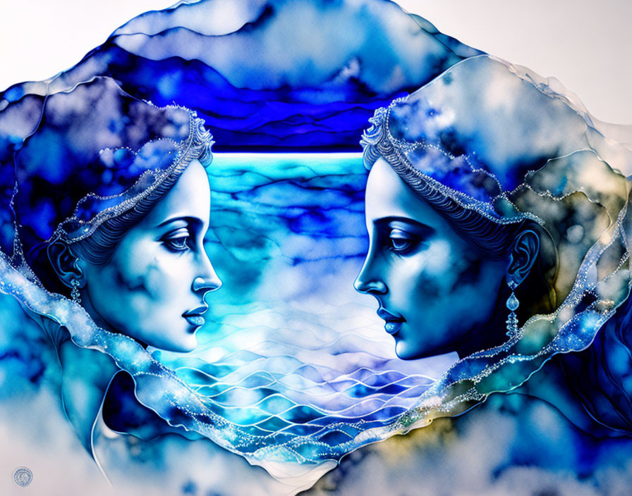 Ethereal women's profiles in digital art with blue and white designs