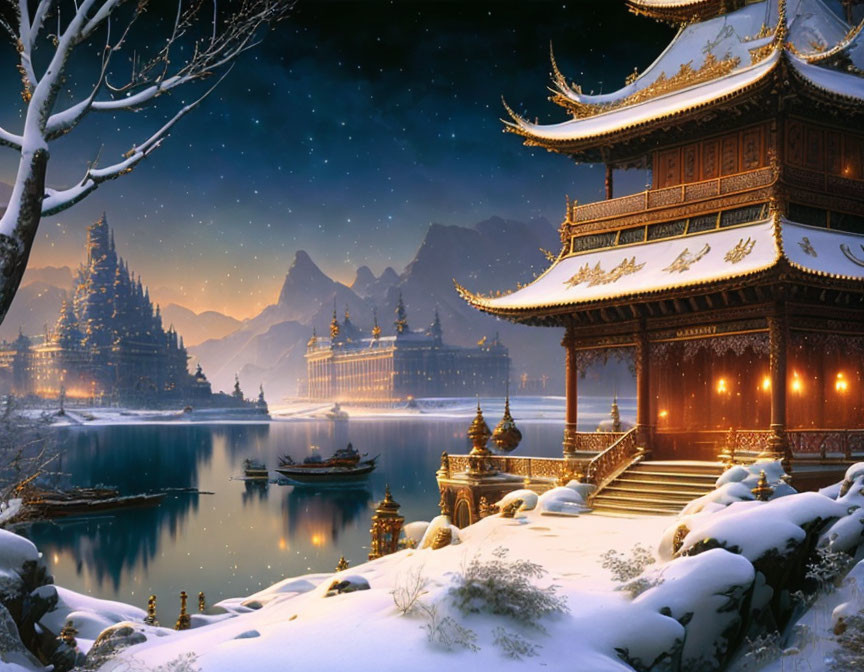 Traditional Asian architecture by calm winter lake with snow-covered ground