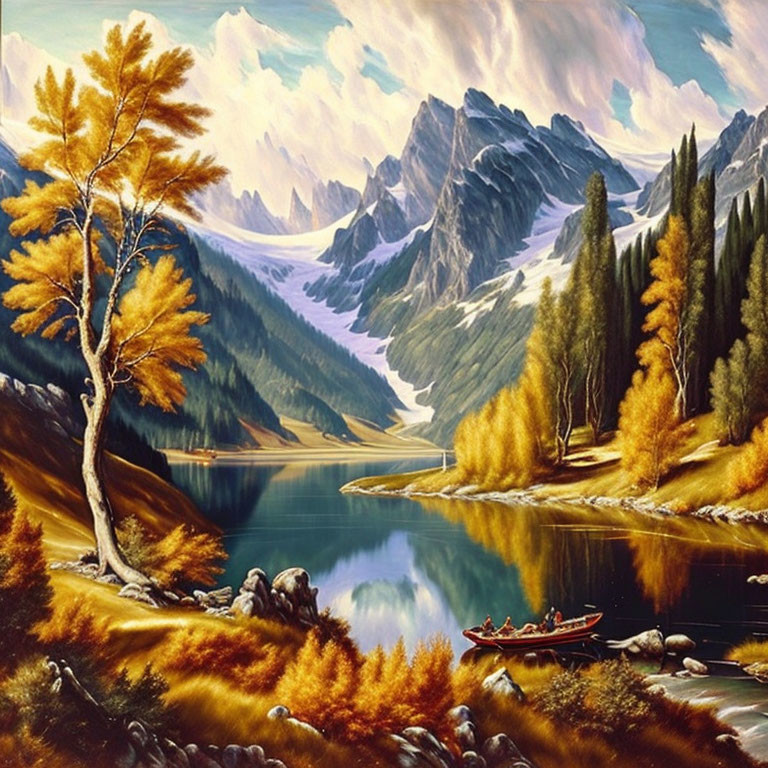 Colorful Mountain Landscape with Lake, Autumn Trees, and Rowboat