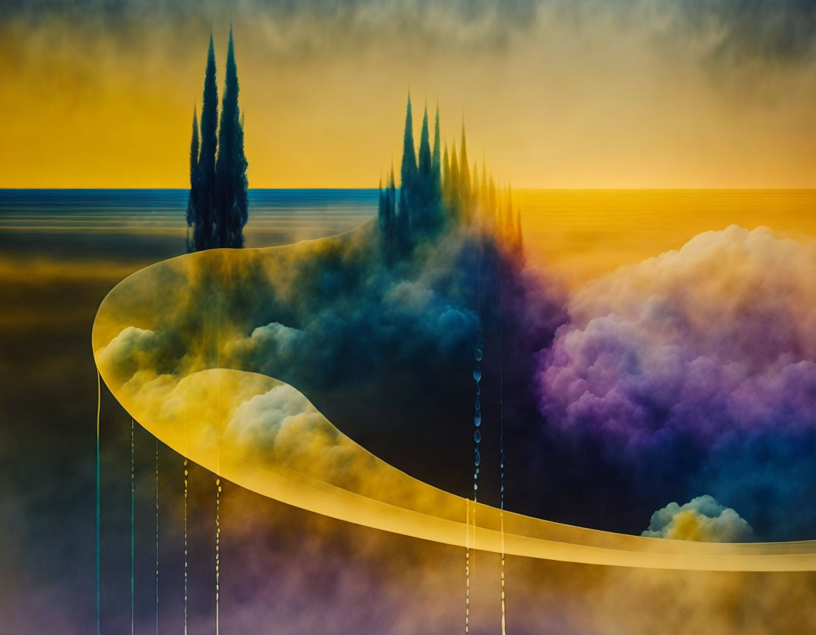 Vibrant surreal landscape with floating landforms and golden ribbons