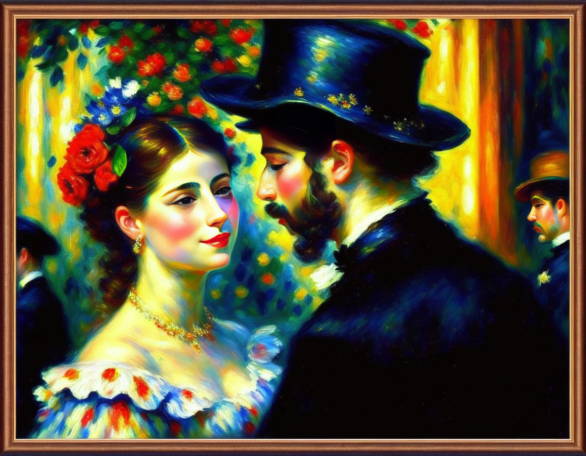 Victorian-era couple painting with vibrant floral background