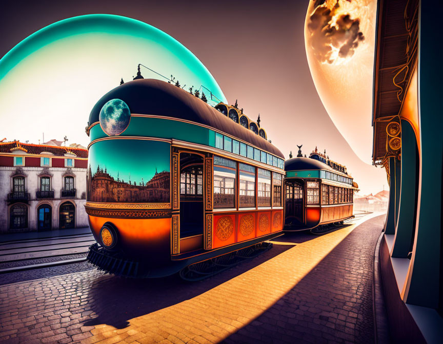 Retro-futuristic trams in a surreal cityscape with moons and radiant sky.