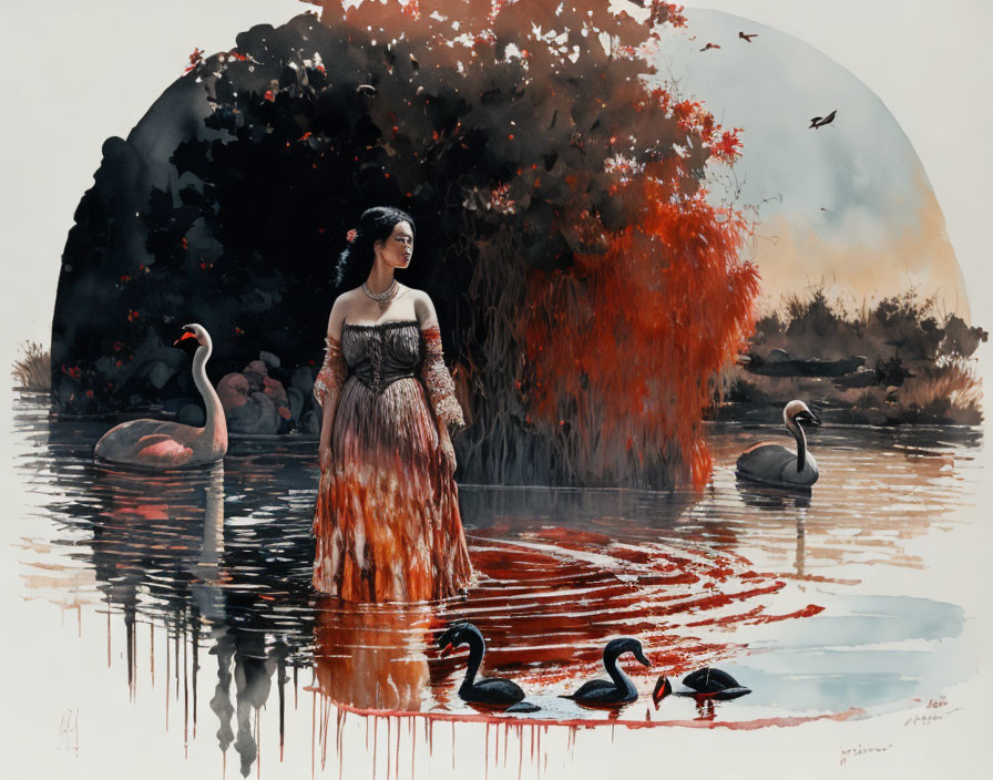 Vintage dressed woman by pond with swans in serene landscape at dusk