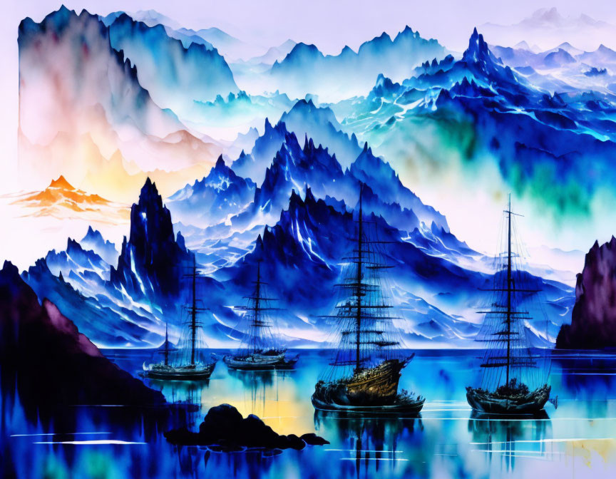 Vibrant sailboats on calm water with mountain backdrop and gradient sky