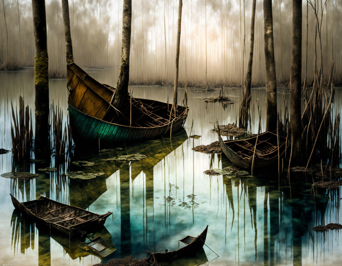 Wooden boats in misty forest with submerged trees in clear blue water