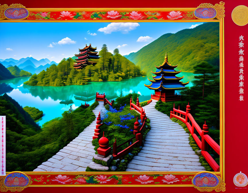 Traditional Chinese Pagoda by Turquoise Lake Surrounded by Green Mountains