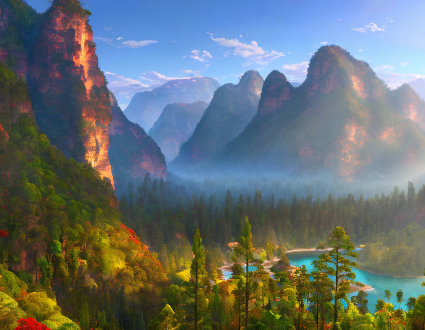 Majestic valley with misty forests, cliffs, lake, and autumn foliage