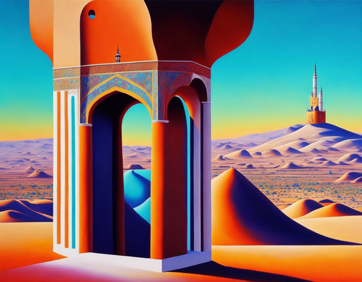 Colorful desert painting with ornate structure and sand dunes under blue sky