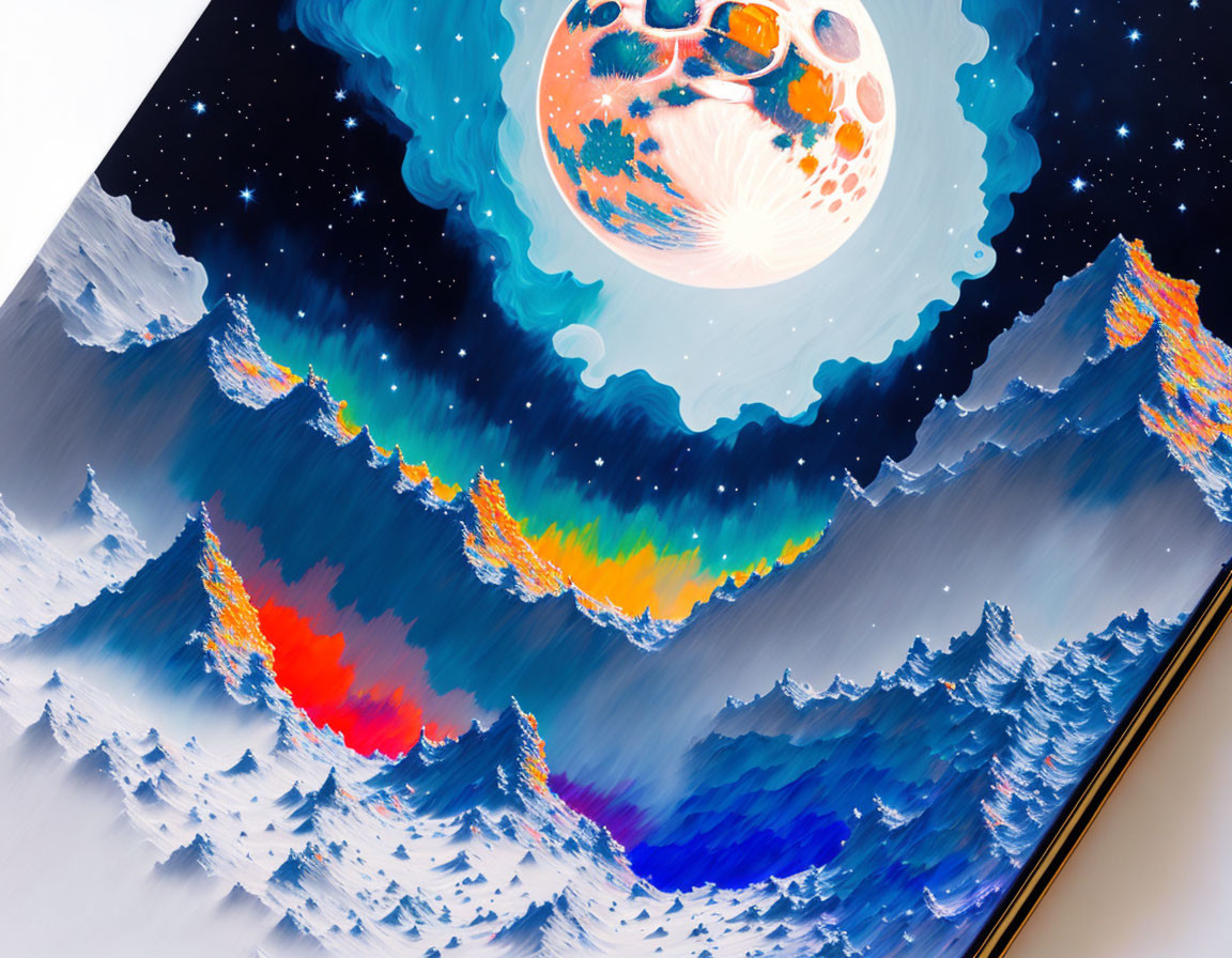 3D painting: Mountain landscape with trees, starry night, and large moon