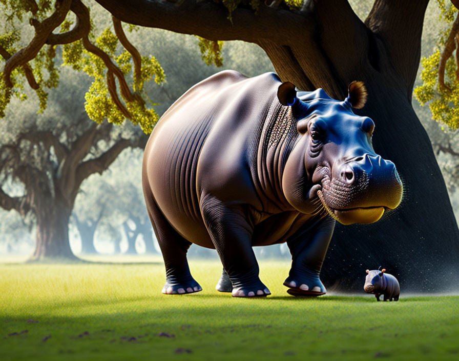 Stylized image of large and small hippos in suits under a tree