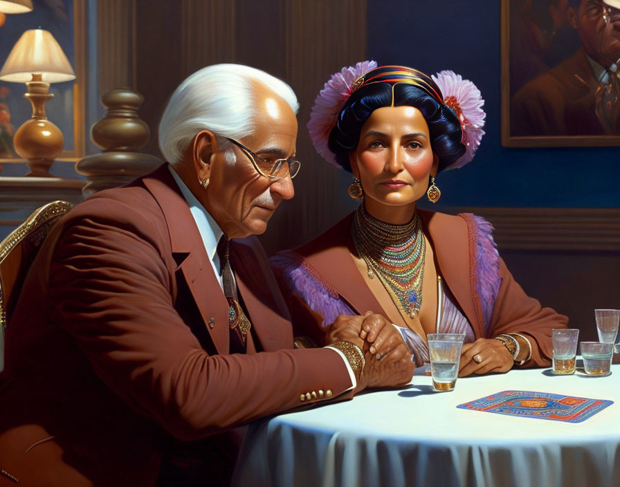 Vintage couple in elegant attire at table with playing cards and empty glasses