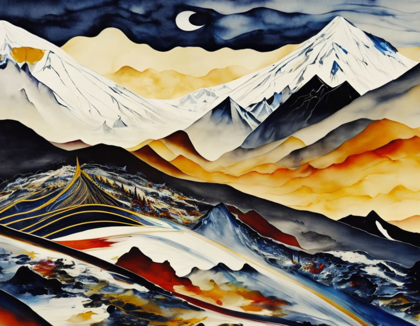 Abstract mountain landscape painting with cool and warm tones and crescent moon.