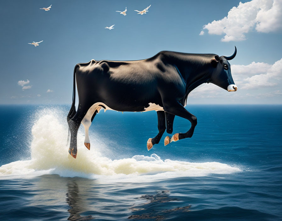 Surreal black cow leaping over ocean with seagulls in blue sky