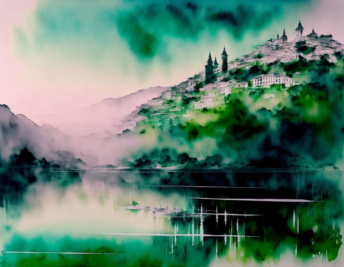 Misty landscape with hilltop castle and lake reflection